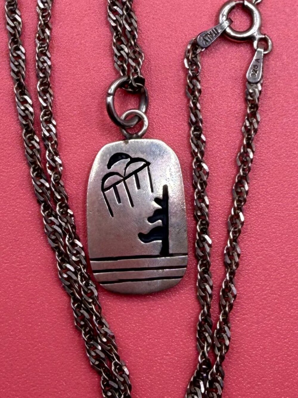 Vintage Sterling Silver Hopi Pendant Necklace Corn Stalk Rain Cloud Symbols